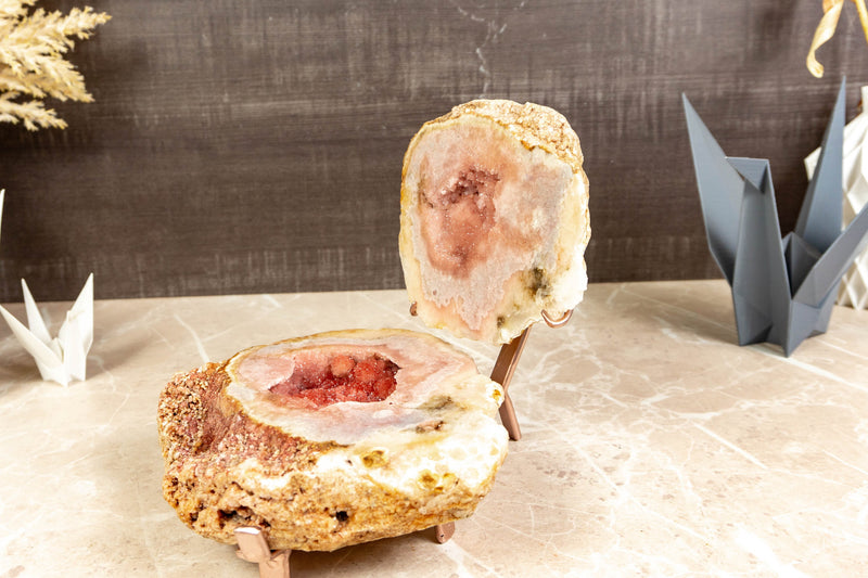 All Natural Red and Pink Amethyst Small Geode on Stand with Galaxy (Sugar Coat) Druzy