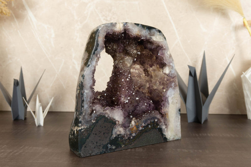 Rare Amethyst Geode Cathedral with Stalactite and Golden Goethite