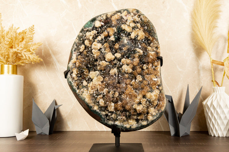 Rarity: Natural Amethyst Cluster with Calcite, Green Amethyst and Golden Goethite, Large 16.2 Kg - 36 lb - E2D Crystals & Minerals