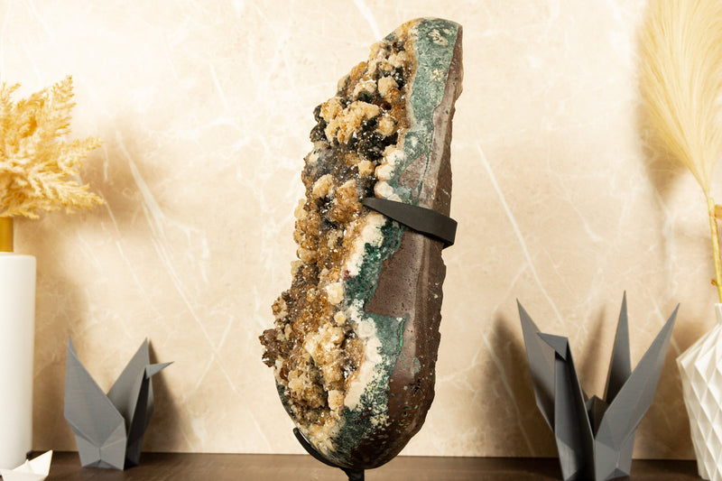 Rarity: Natural Amethyst Cluster with Calcite, Green Amethyst and Golden Goethite, Large 16.2 Kg - 36 lb - E2D Crystals & Minerals