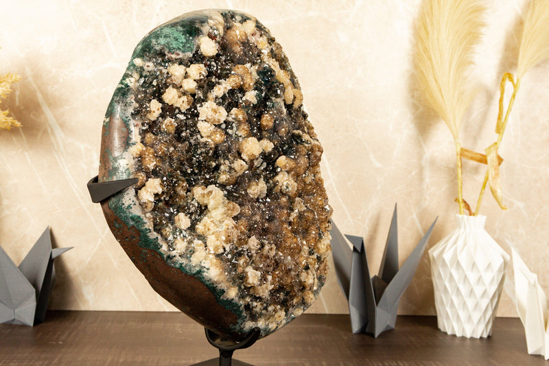 Rarity: Natural Amethyst Cluster with Calcite, Green Amethyst and Golden Goethite, Large 16.2 Kg - 36 lb - E2D Crystals & Minerals
