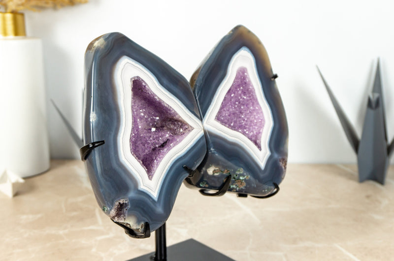 Blue Lace Agate Geode on Butterfly Wings and Galaxy Amethyst