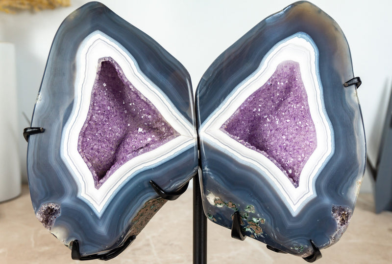 Blue Lace Agate Geode on Butterfly Wings and Galaxy Amethyst