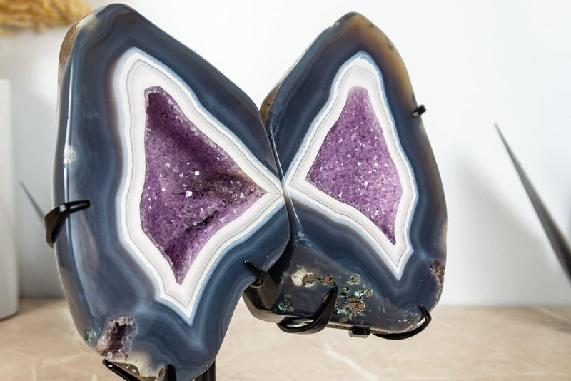 Blue Lace Agate Geode on Butterfly Wings and Galaxy Amethyst