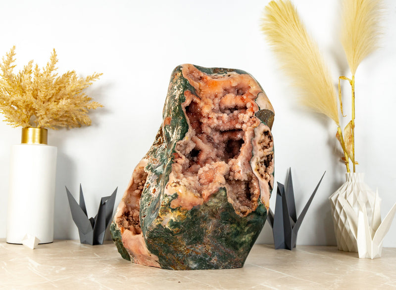AAA Pink Amethyst Geode with Green Jasper