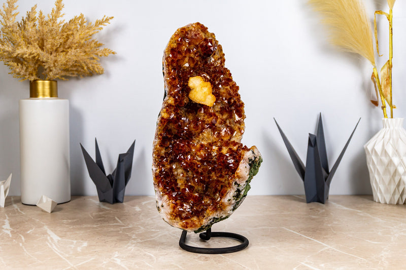 Deep Orange Citrine Cluster with Large Citrine Druzy, Calcite and Flowers