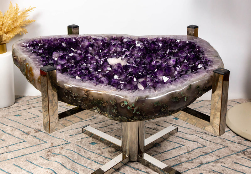 Amethyst Coffee Table on Handmade Inox Base with Amethyst Crystal Geode