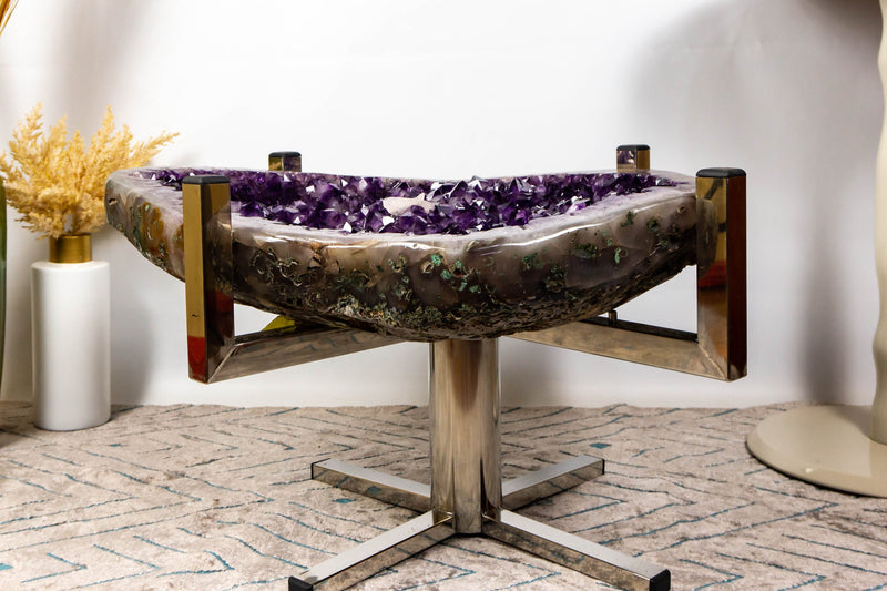 Amethyst Coffee Table on Handmade Inox Base with Amethyst Crystal Geode