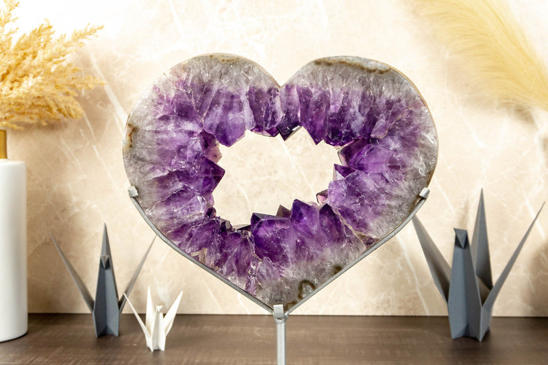 X Large Amethyst Heart with Deep Purple Druzy on Stand