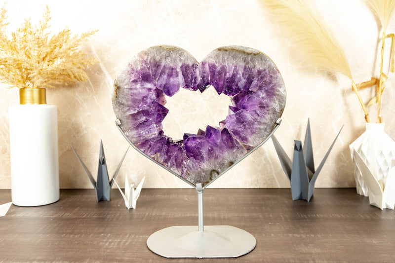 X Large Amethyst Heart with Deep Purple Druzy on Stand