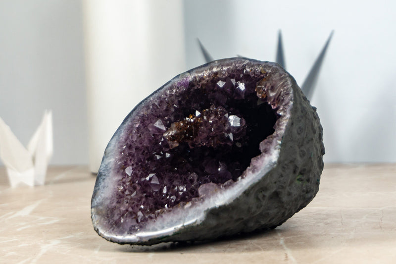 Small Amethyst Geode Cave with Golden Goethite Rosette Flower