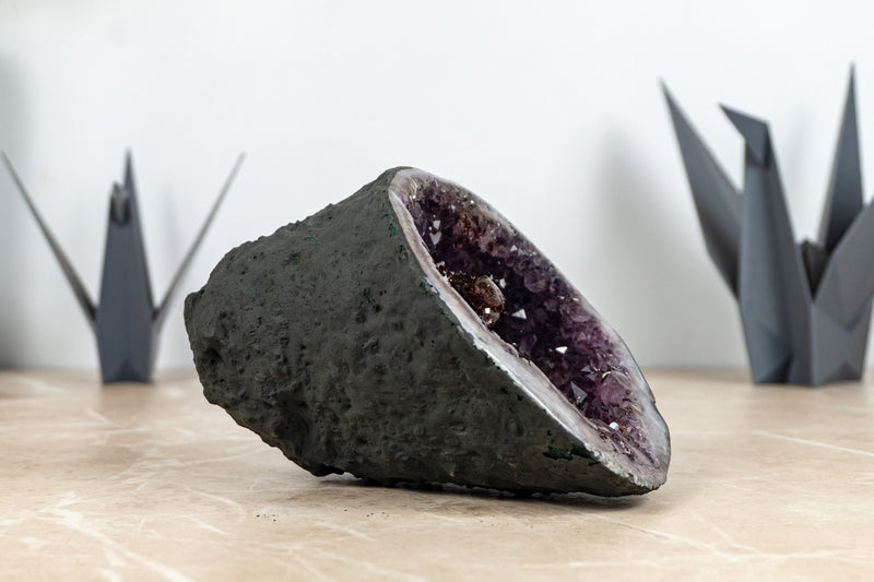 Small Amethyst Geode Cave with Golden Goethite Rosette Flower