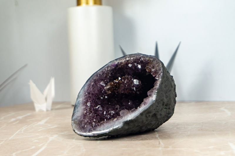 Small Amethyst Geode Cave with Golden Goethite Rosette Flower