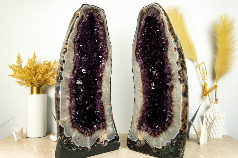 Pair of Dark Saturated Purple Amethyst Cathedral Geodes