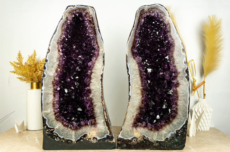 Pair of Dark Saturated Purple Amethyst Cathedral Geodes