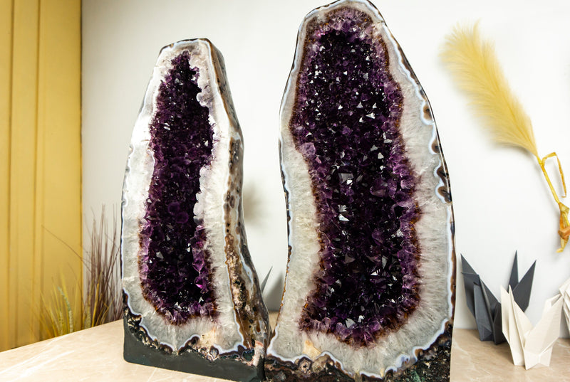 Pair of Dark Saturated Purple Amethyst Cathedral Geodes