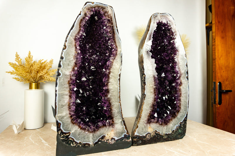 Pair of Dark Saturated Purple Amethyst Cathedral Geodes