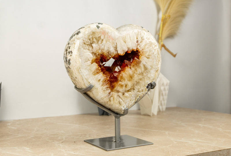 Orange Citrine Heart on Dendritic White Agate Matrix, Large Deep Orange Druzy