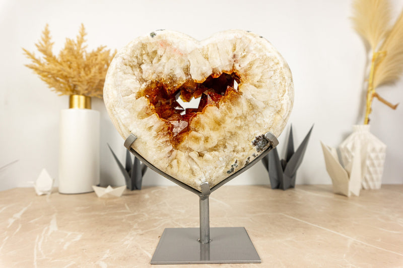 Orange Citrine Heart on Dendritic White Agate Matrix, Large Deep Orange Druzy