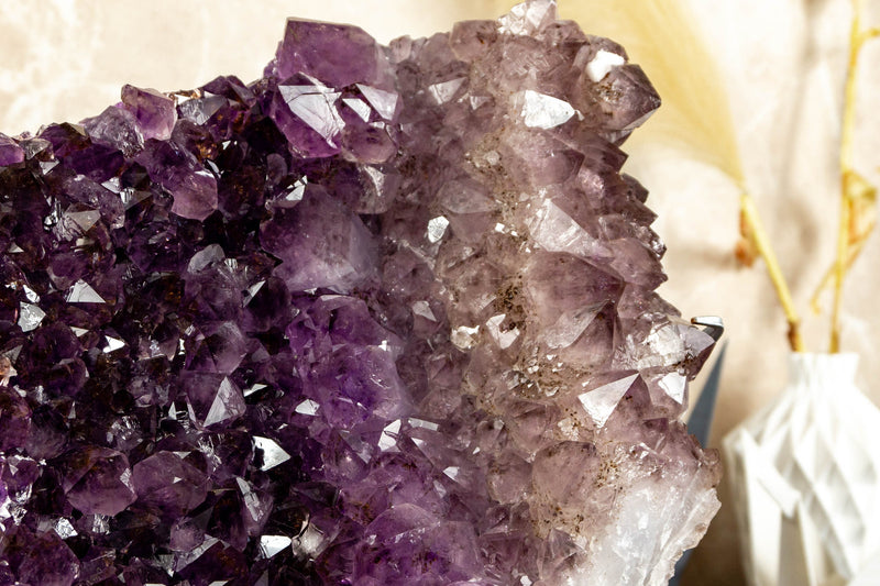 Tricolor Amethyst Cluster with Large Purple and Smoky Amethyst Druzy on Stand