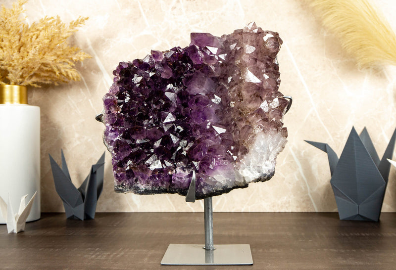 Tricolor Amethyst Cluster with Large Purple and Smoky Amethyst Druzy on Stand