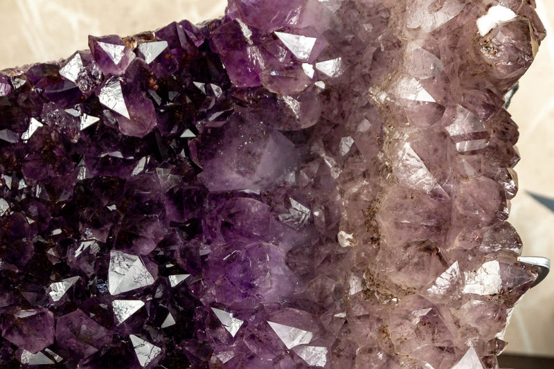 Tricolor Amethyst Cluster with Large Purple and Smoky Amethyst Druzy on Stand