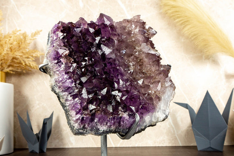 Tricolor Amethyst Cluster with Large Purple and Smoky Amethyst Druzy on Stand