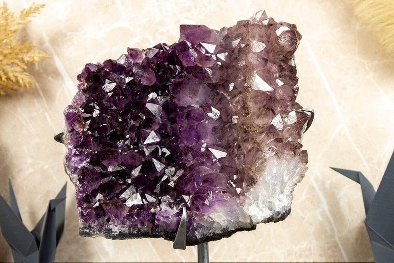 Tricolor Amethyst Cluster with Large Purple and Smoky Amethyst Druzy on Stand