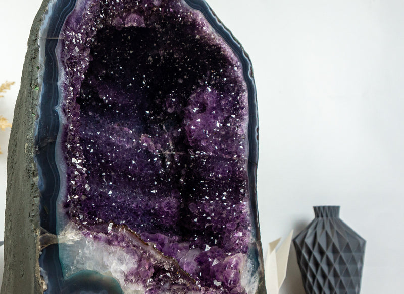 Large Amethyst Cave with Deep Purple Galaxy Druzy and Blue Banded Agate