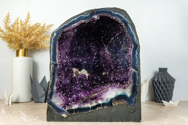 Large Amethyst Cave Geode with Galaxy Druzy and Banded Agate