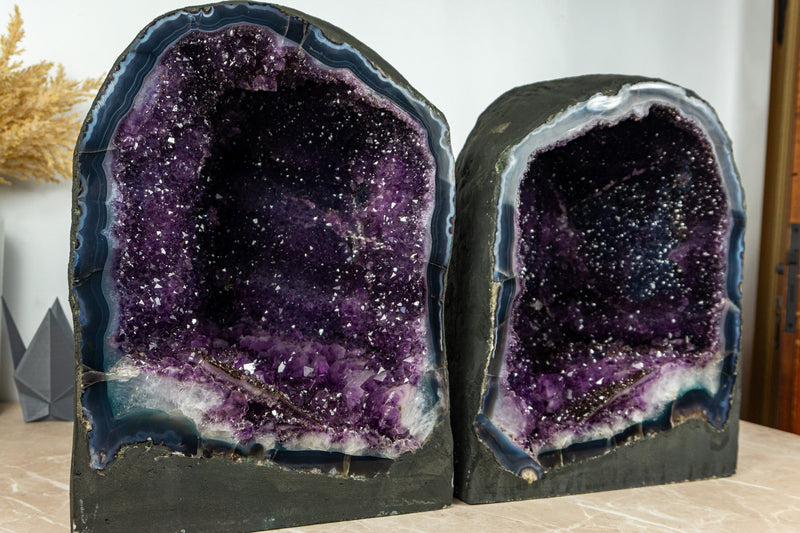 Pair of Amethyst Geodes with Deep Purple Galaxy Druzy Amethyst