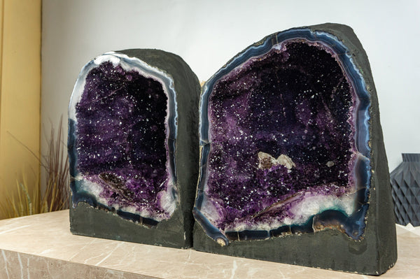 Pair of Amethyst Geodes with Deep Purple Galaxy Druzy Amethyst