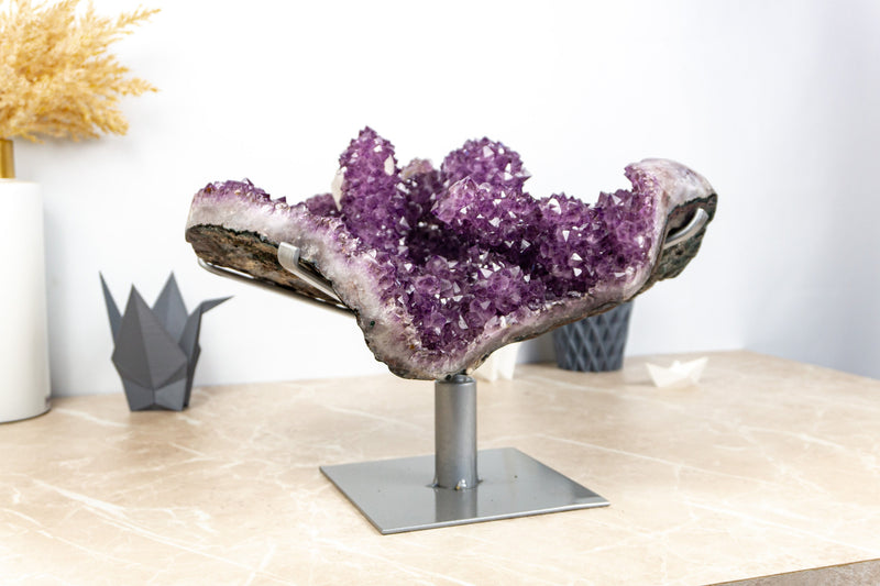Amethyst Stalactite Formation with Large, Intact, Deep Purple Druzy and Calcite Inlcusions
