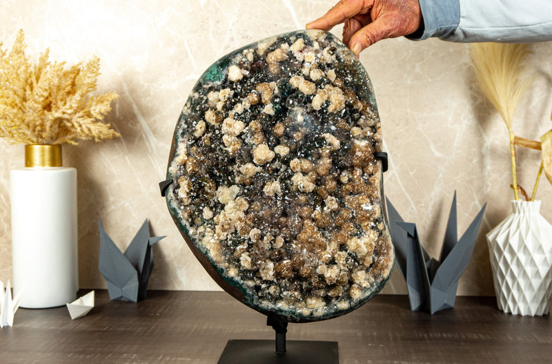 Rarity: Natural Amethyst Cluster with Calcite, Green Amethyst and Golden Goethite, Large 16.2 Kg - 36 lb - E2D Crystals & Minerals