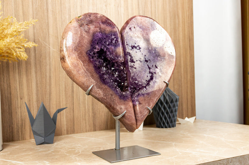 Large Pink Amethyst Heart with Pink and Deep Purple Amethyst Druzy - E2D Crystals & Minerals