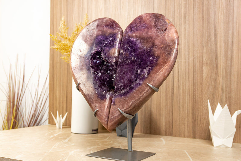 Large Pink Amethyst Heart with Pink and Deep Purple Amethyst Druzy - E2D Crystals & Minerals