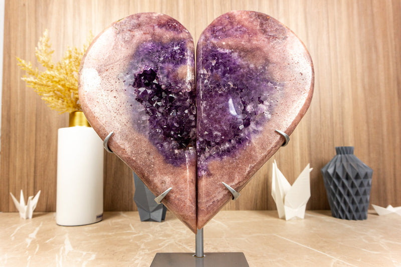 Large Pink Amethyst Heart with Pink and Deep Purple Amethyst Druzy - E2D Crystals & Minerals