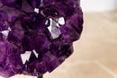 Tief und satt violetter Amethyst-Cluster mit polierten Rändern auf Ständer