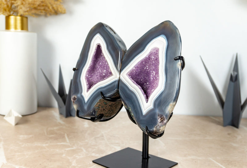 Blue Lace Agate Geode on Butterfly Wings and Galaxy Amethyst