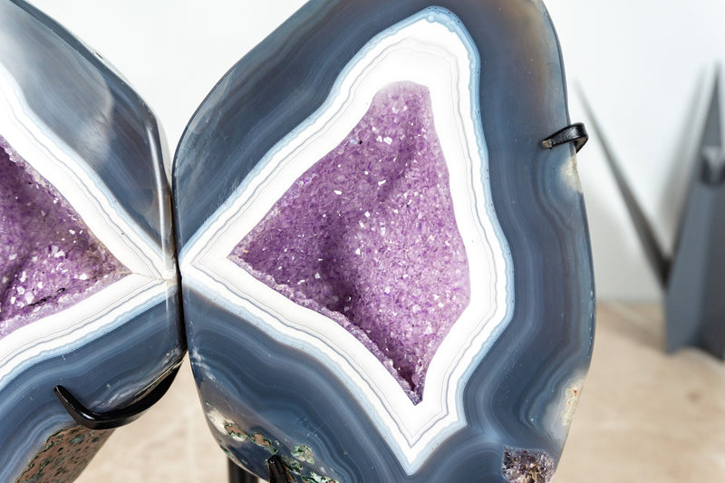 Blue Lace Agate Geode on Butterfly Wings and Galaxy Amethyst