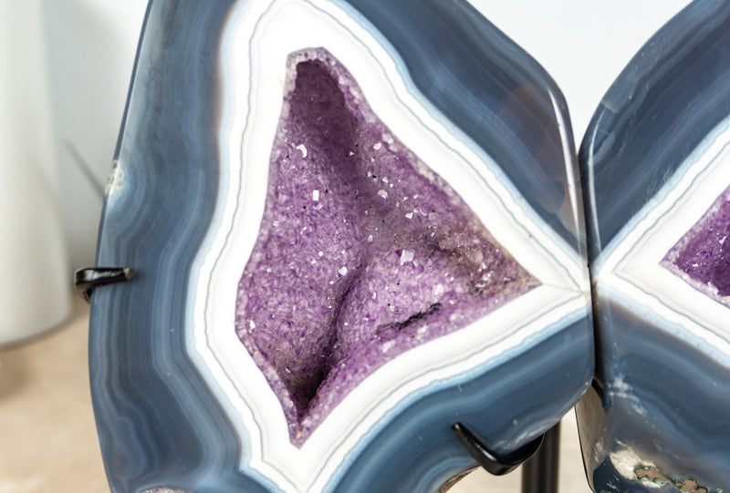 Blue Lace Agate Geode on Butterfly Wings and Galaxy Amethyst