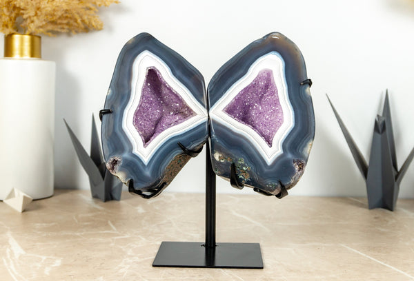 Blue Lace Agate Geode on Butterfly Wings and Galaxy Amethyst
