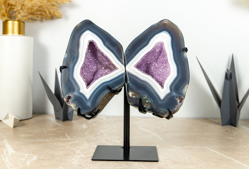 Blue Lace Agate Geode on Butterfly Wings and Galaxy Amethyst