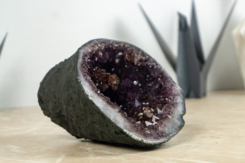 Small Amethyst Geode Cave with Golden Goethite Rosette Flower