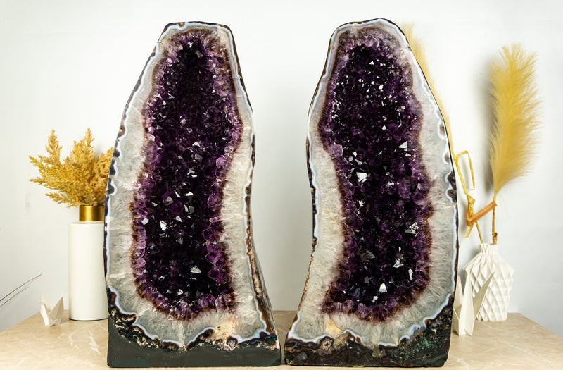 Pair of Dark Saturated Purple Amethyst Cathedral Geodes