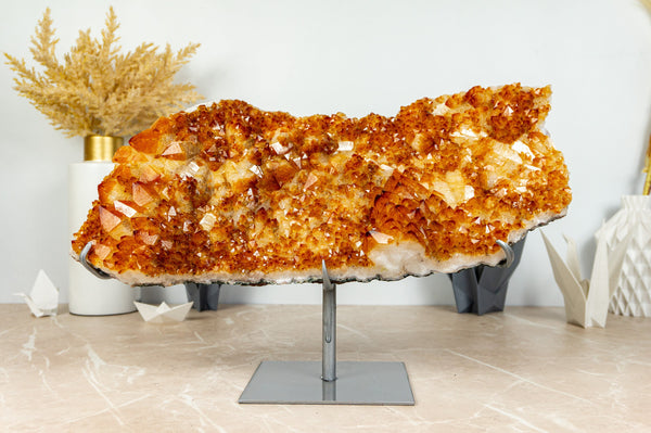 Large Wide Golden Orange Citrine Cluster with Citrine Flowers on Stand