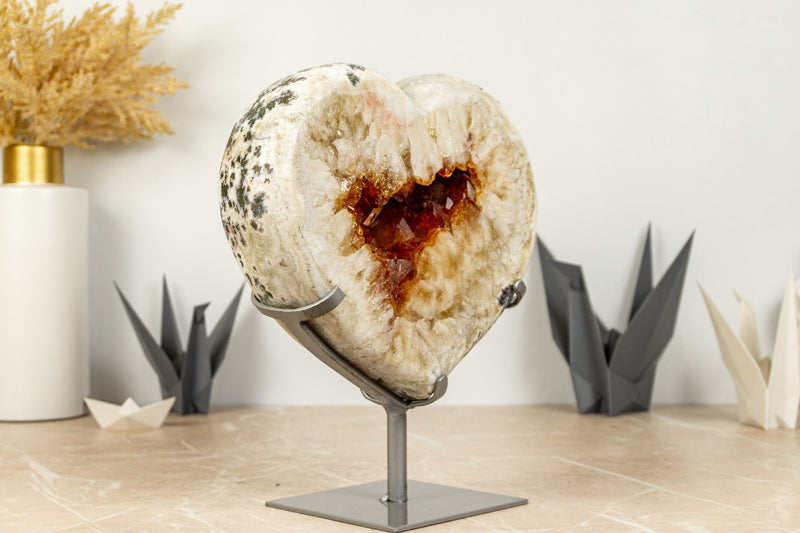 Orange Citrine Heart on Dendritic White Agate Matrix, Large Deep Orange Druzy