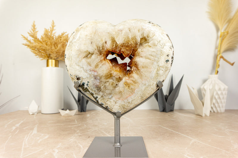 Orange Citrine Heart on Dendritic White Agate Matrix, Large Deep Orange Druzy