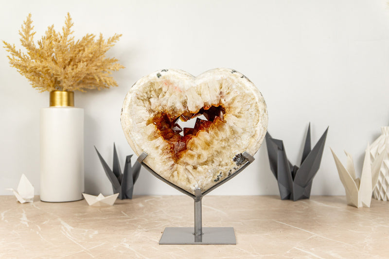 Orange Citrine Heart on Dendritic White Agate Matrix, Large Deep Orange Druzy