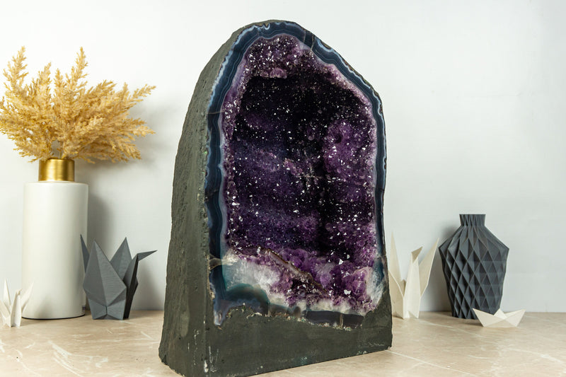 Large Amethyst Cave with Deep Purple Galaxy Druzy and Blue Banded Agate